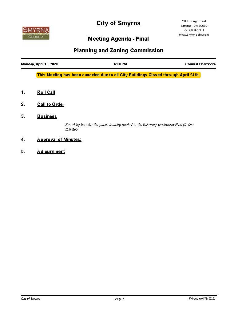 04-13-2020 April 13, 2020 P&Z Meeting Agenda-No Attachments