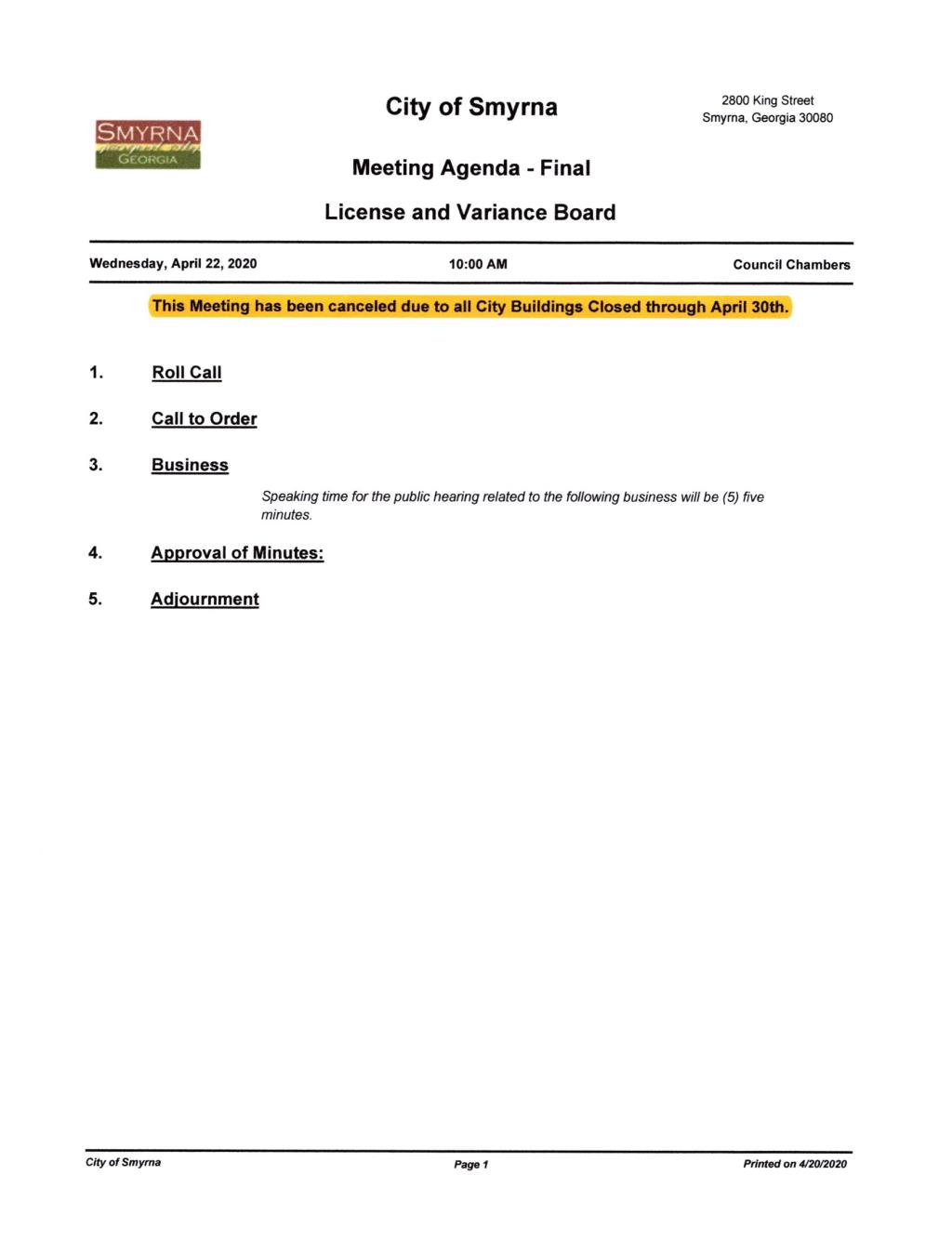 04.22.2020 License and Variance Board Agenda - CANCELED