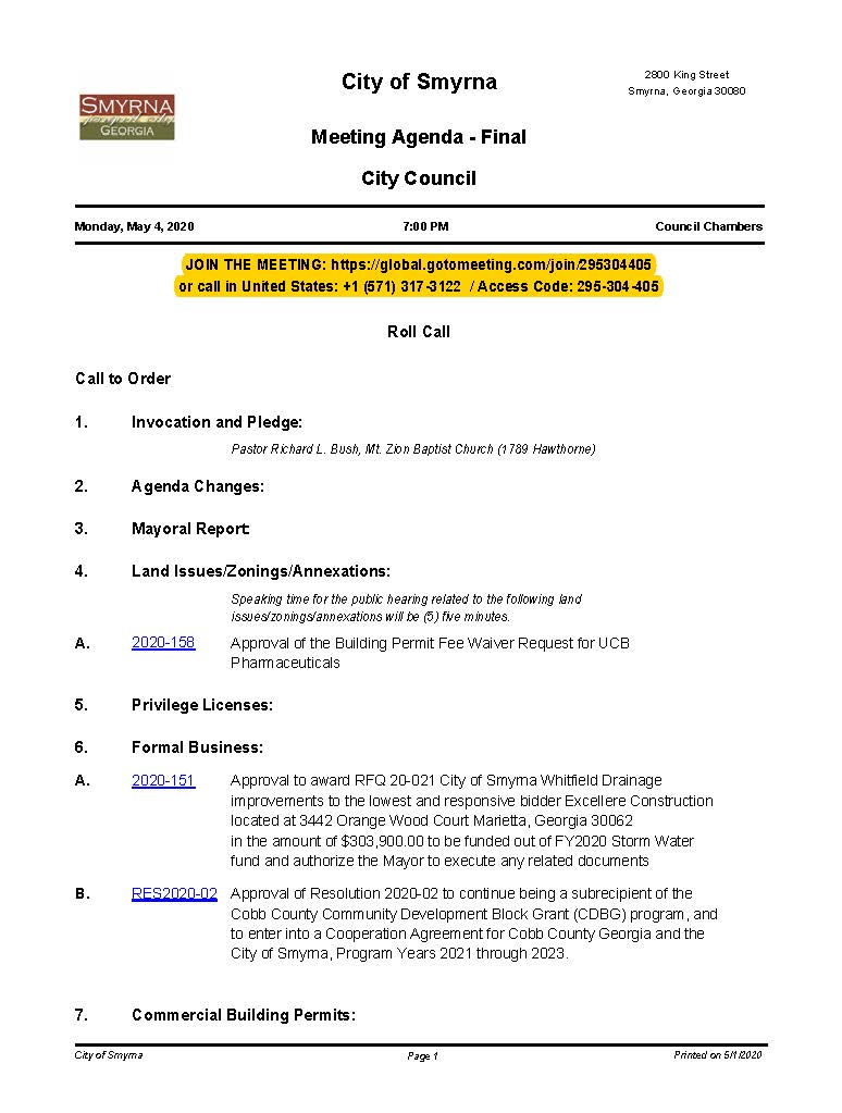 05-04-2020 May 4, 2020 Mayor and Council Agenda - Final NO Attachments_Page_1