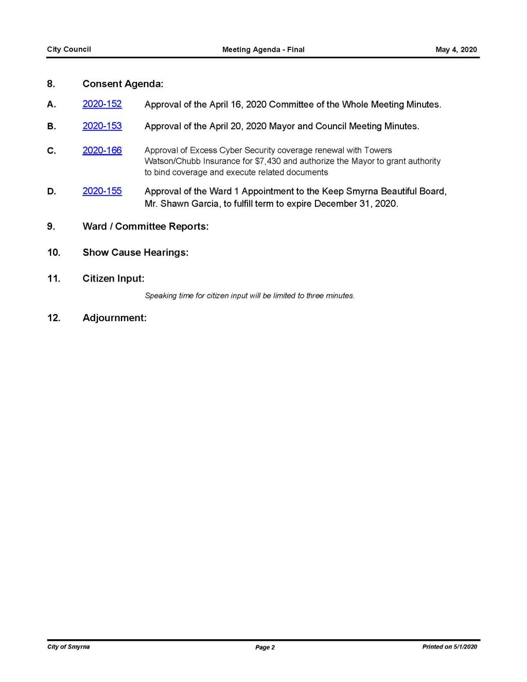 05-04-2020 May 4, 2020 Mayor and Council Agenda - Final NO Attachments_Page_2