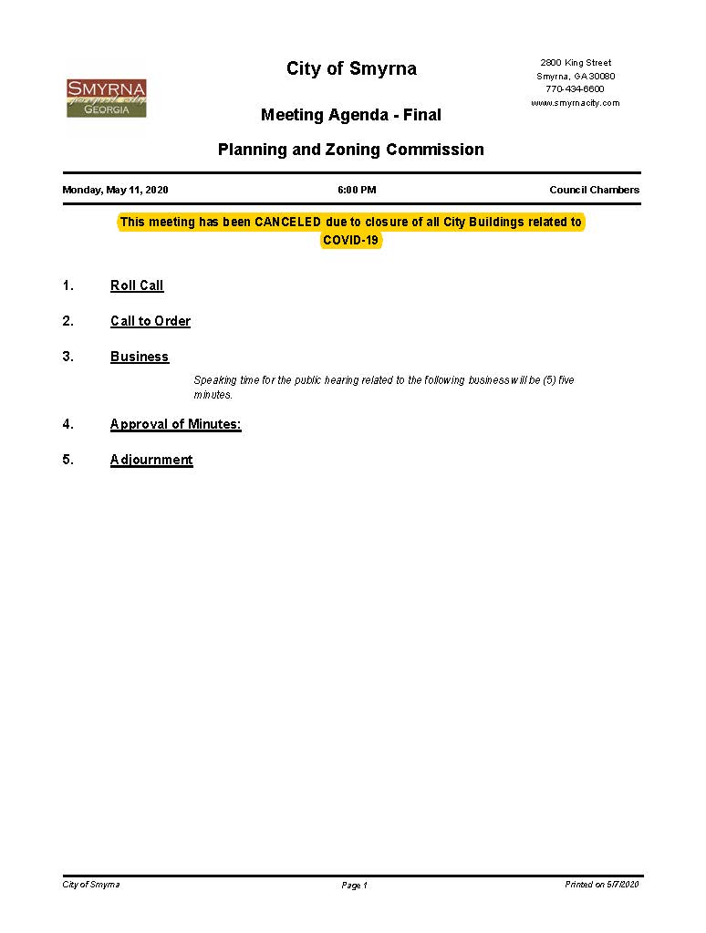 05-11-2020 May 11, 2020 P&Z Meeting Agenda-No Attachments