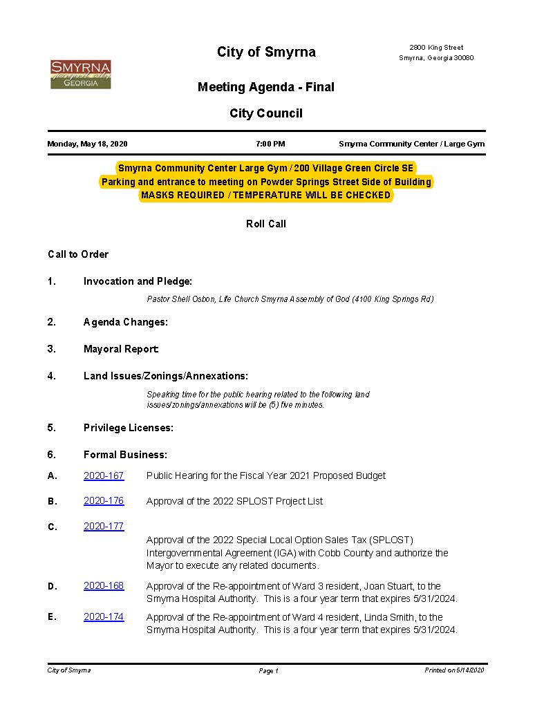 05-18-2020 May 18, 2020 Mayor and Council Agenda - FINAL - No attachments_Page_1