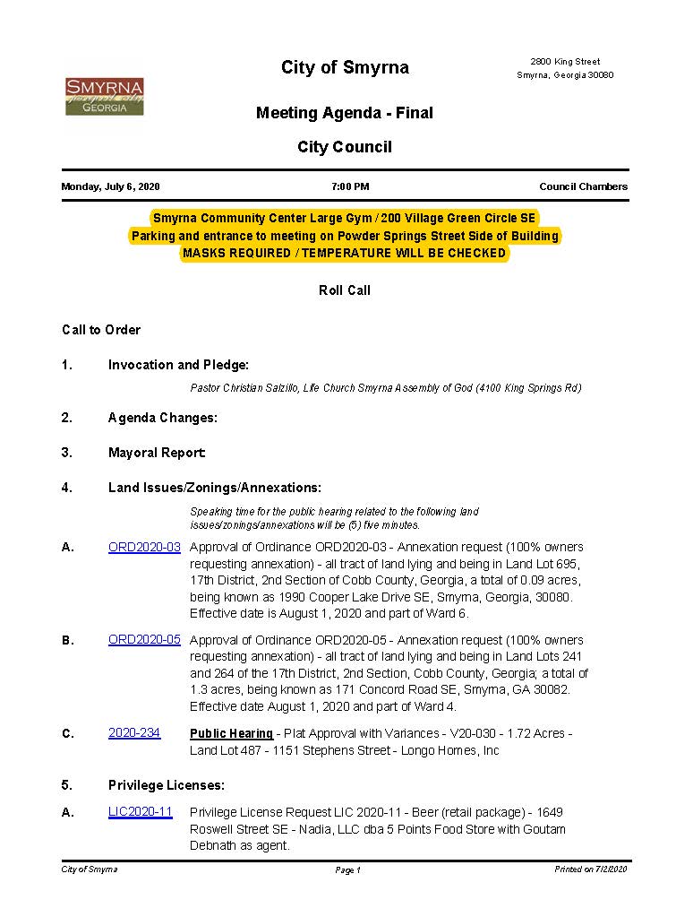 07-06-2020 July 06, 2020 Mayor and Council Agenda HKPC - FINAL - without attachments_Page_1