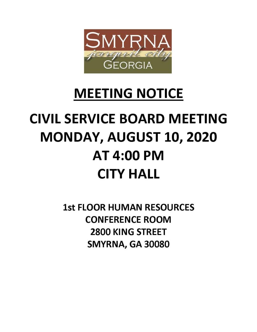 08-10-2020 August 10, 2020 Civil Service Board Meeting Notice 