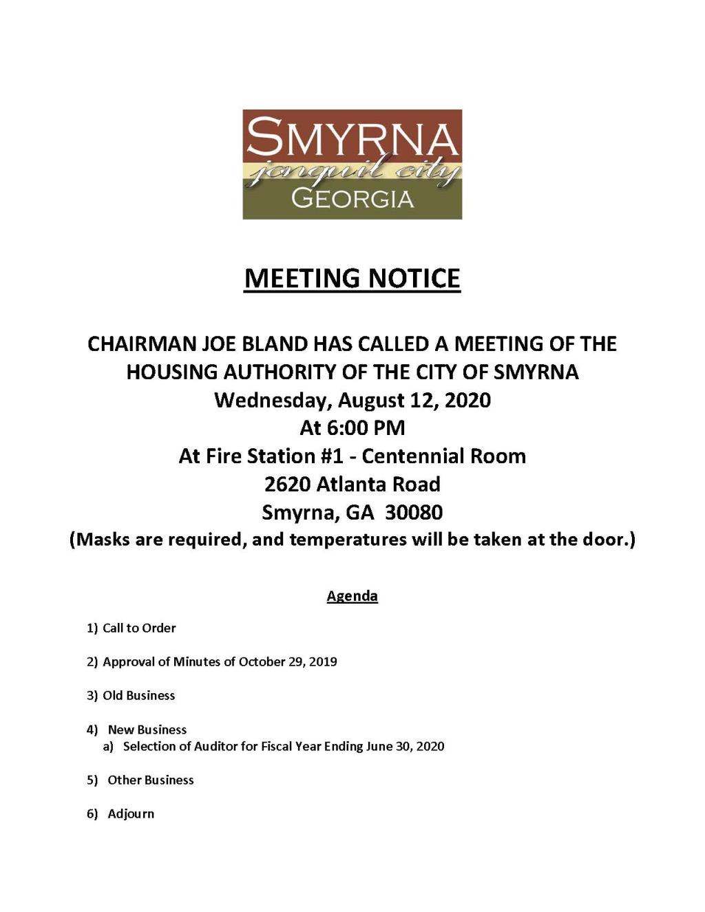 08-12-2020 Housing Authority Meeting Fire Station 1 Notice