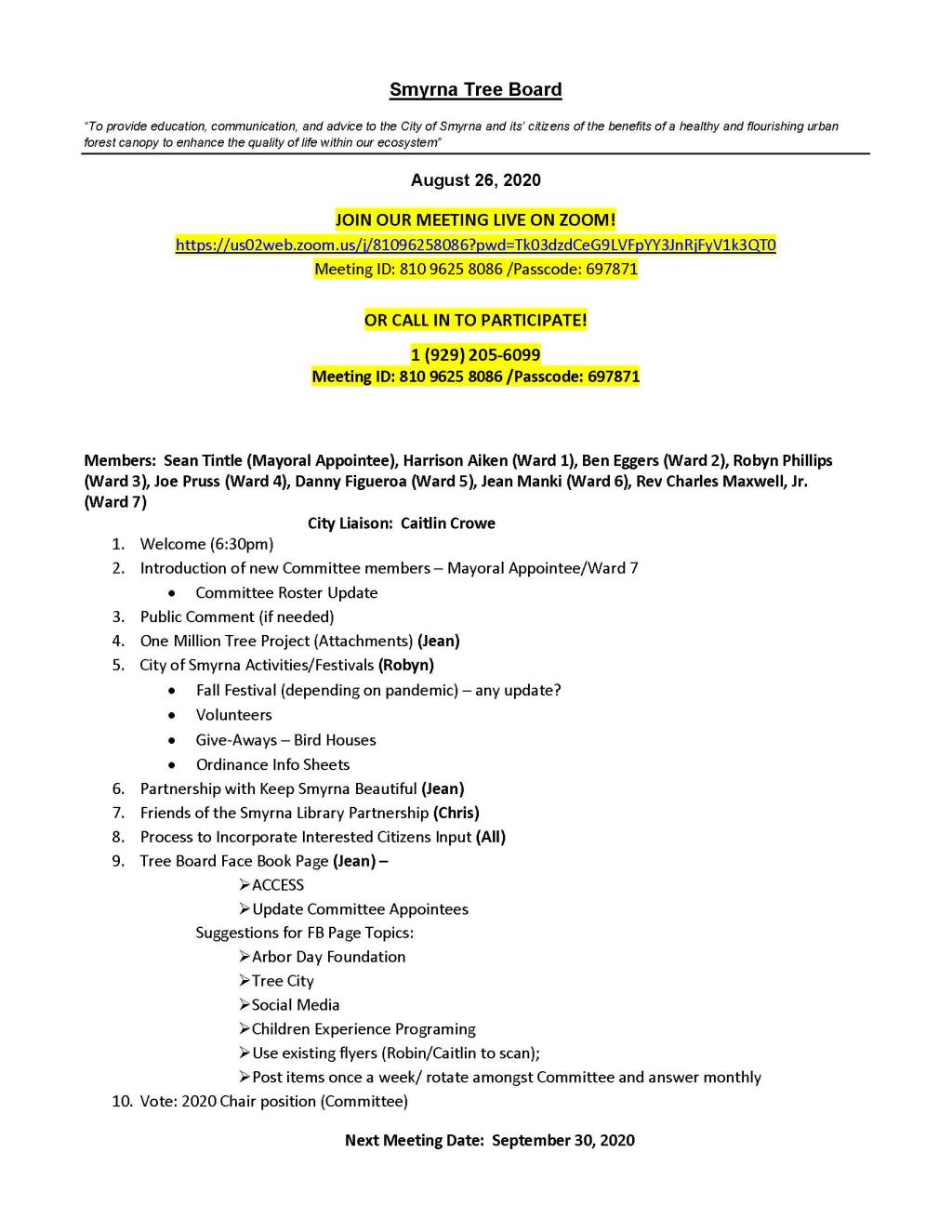 Tree Board Meeting Notice 08.26.2020