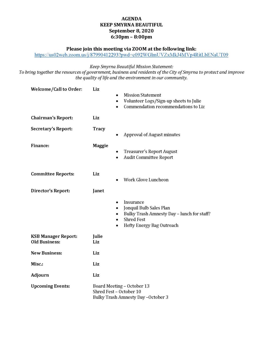 09-08-2020 KSB Board Meeting Agenda - Zoom Meeting