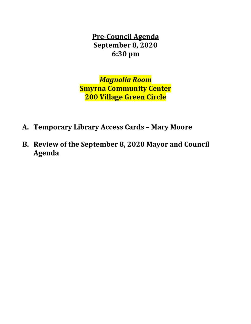 09-08-2020 September 8, 2020 Pre-Council Agenda