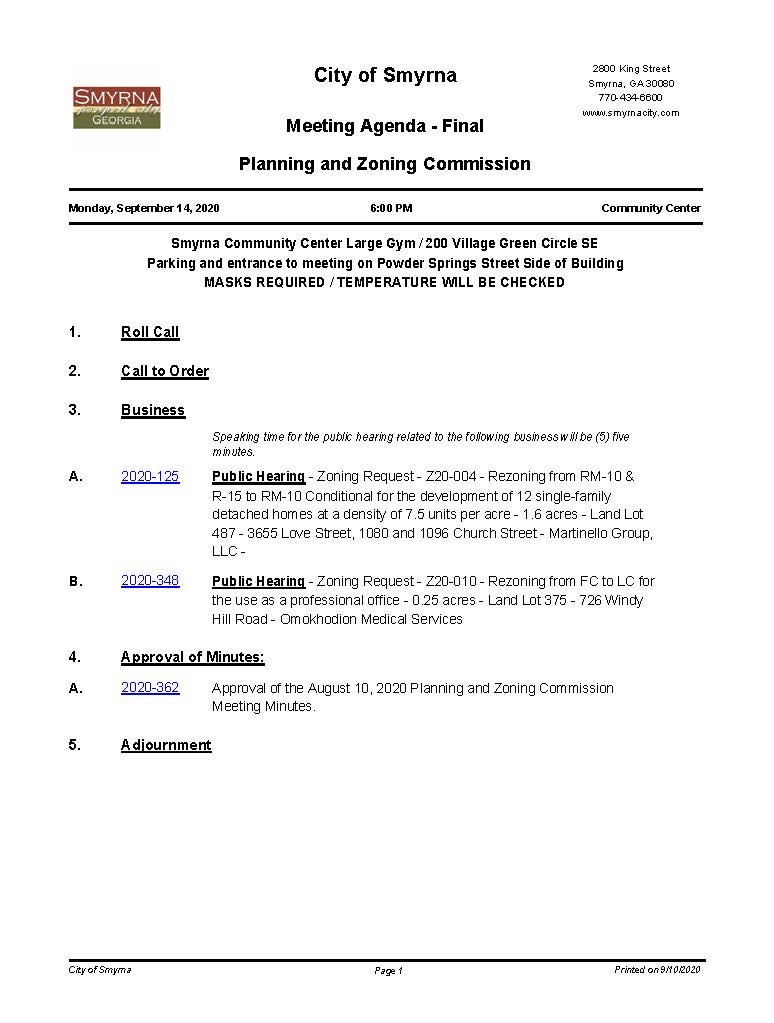 09-14-2020 September 14, 2020 P&Z Meeting Agenda-NO ATTACHMENTS