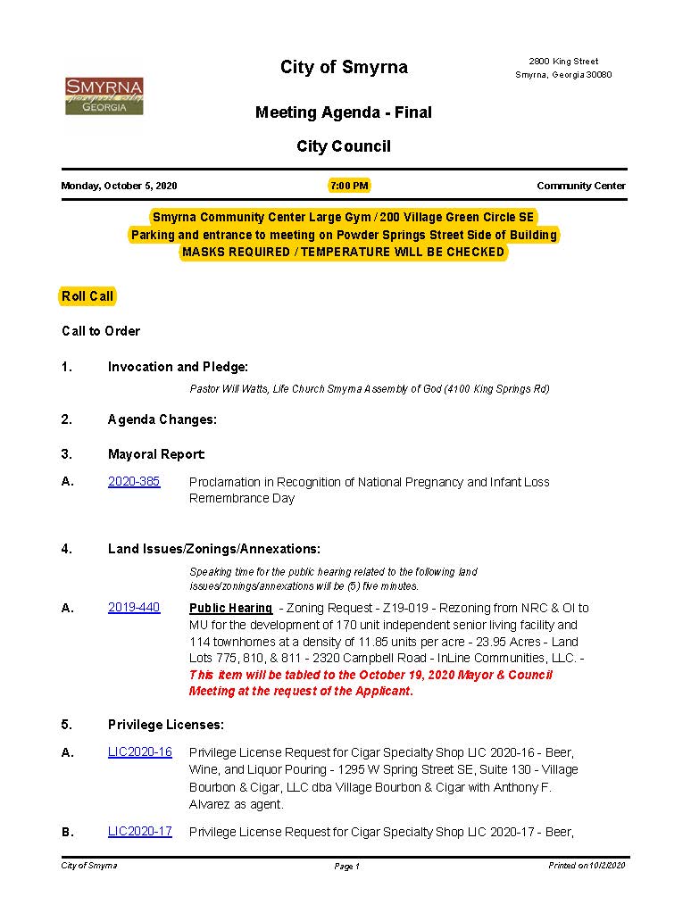 10-05-2020 October 5, 2020 Mayor and Council Agenda 2 - FINAL - NO attachments_Page_1