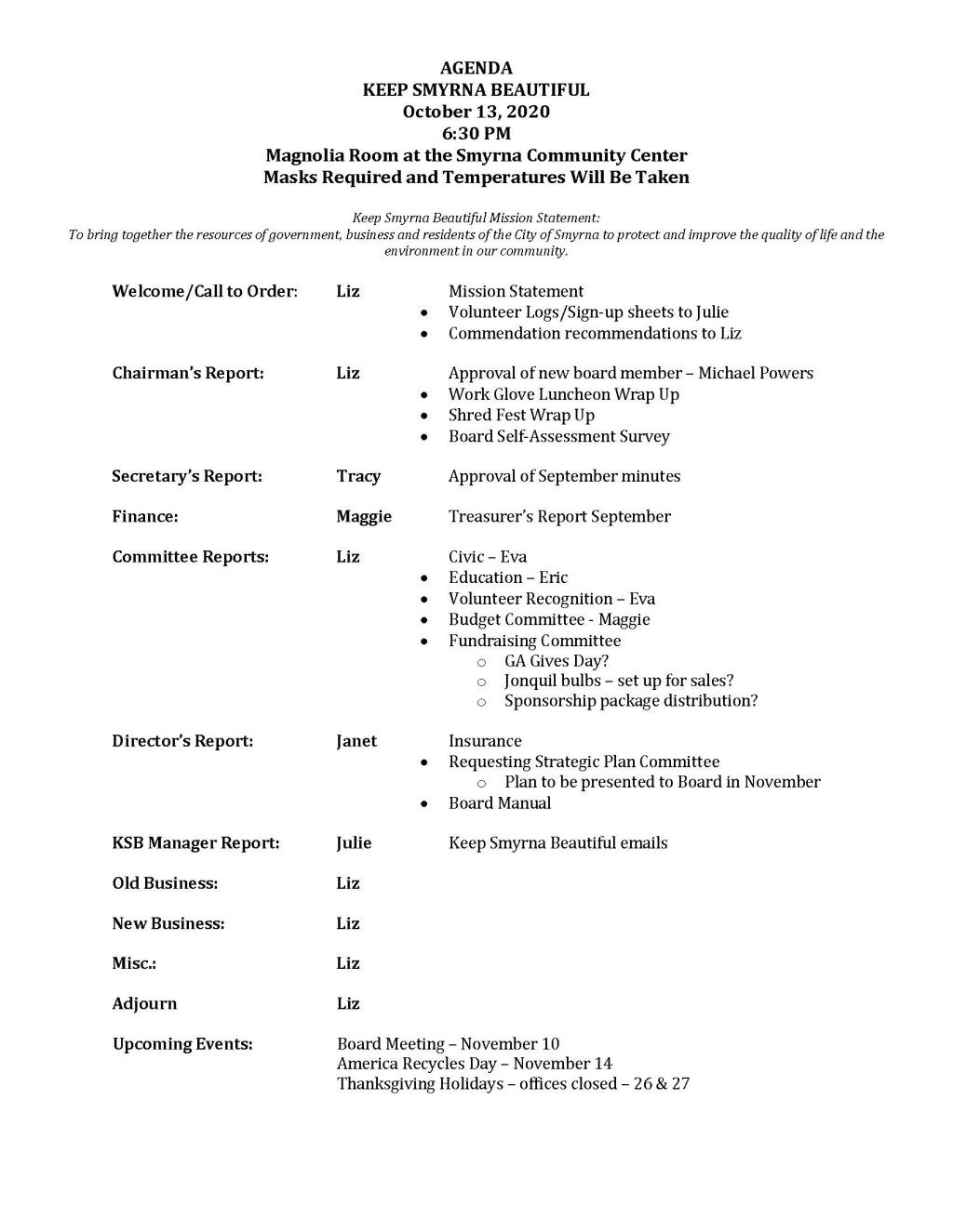 10-13-2020 KSB Board Meeting Agenda