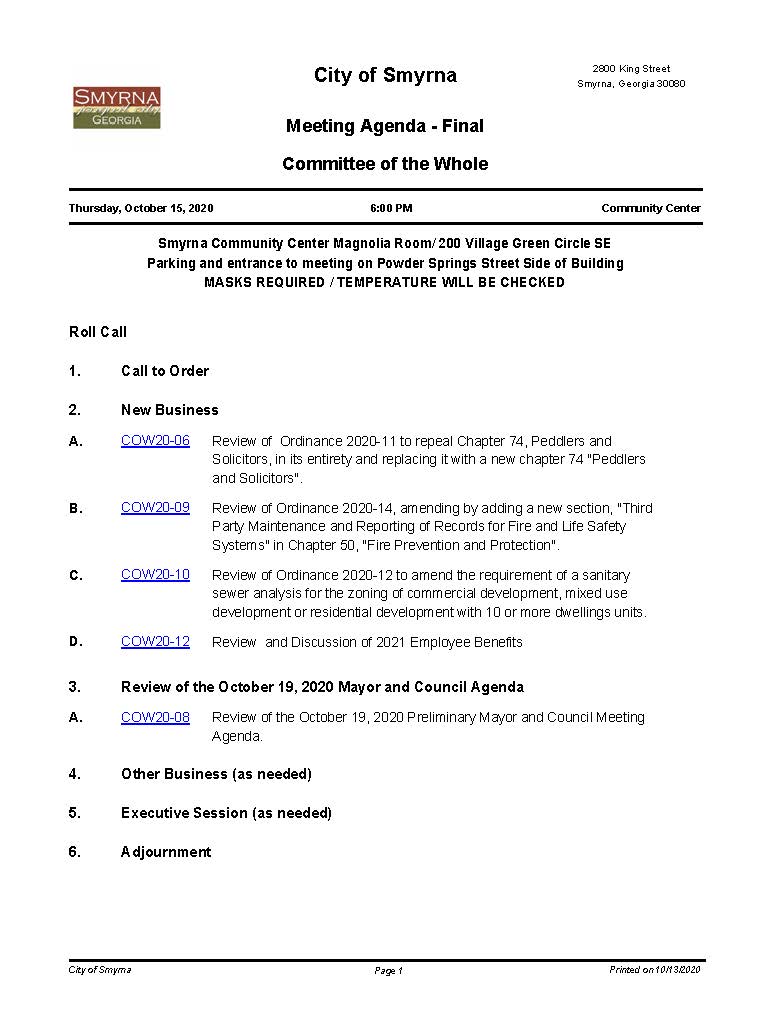 10-15-2020 FINAL COW Meeting Agenda - NO Attachments