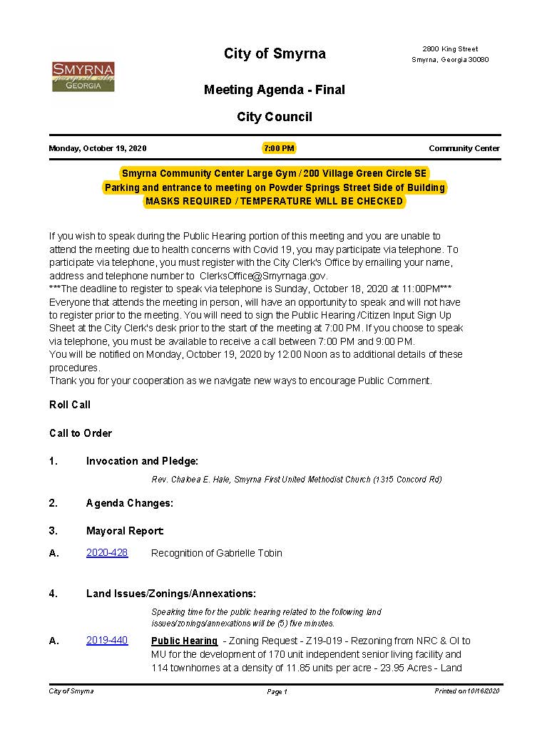 10-19-2020 October 19, 2020 Mayor and Council Agenda - FINAL - NO attachments_Page_1