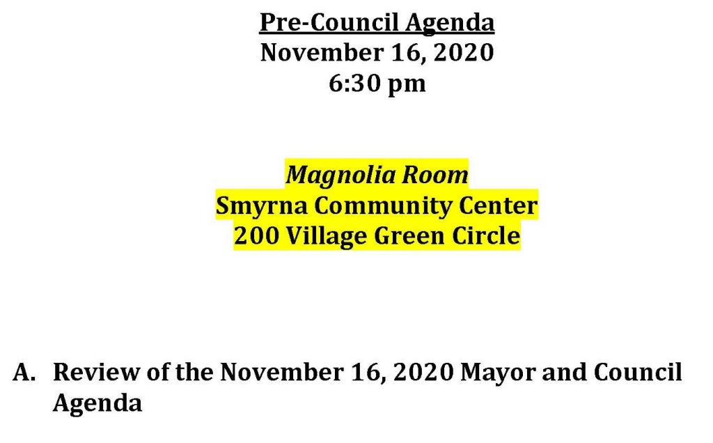 11-16-2020 November 16, 2020 Pre-Council Meeting Agenda