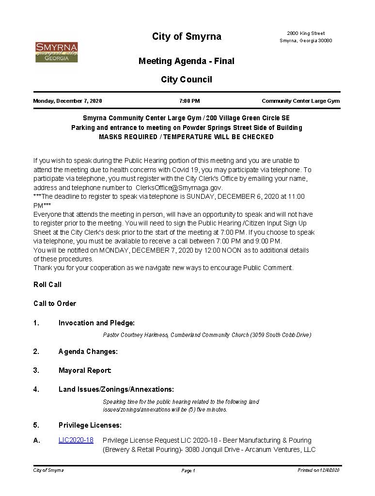 12-07-2020 December 7, 2020 Mayor and Council Agenda - FINAL - NO attachments_Page_1