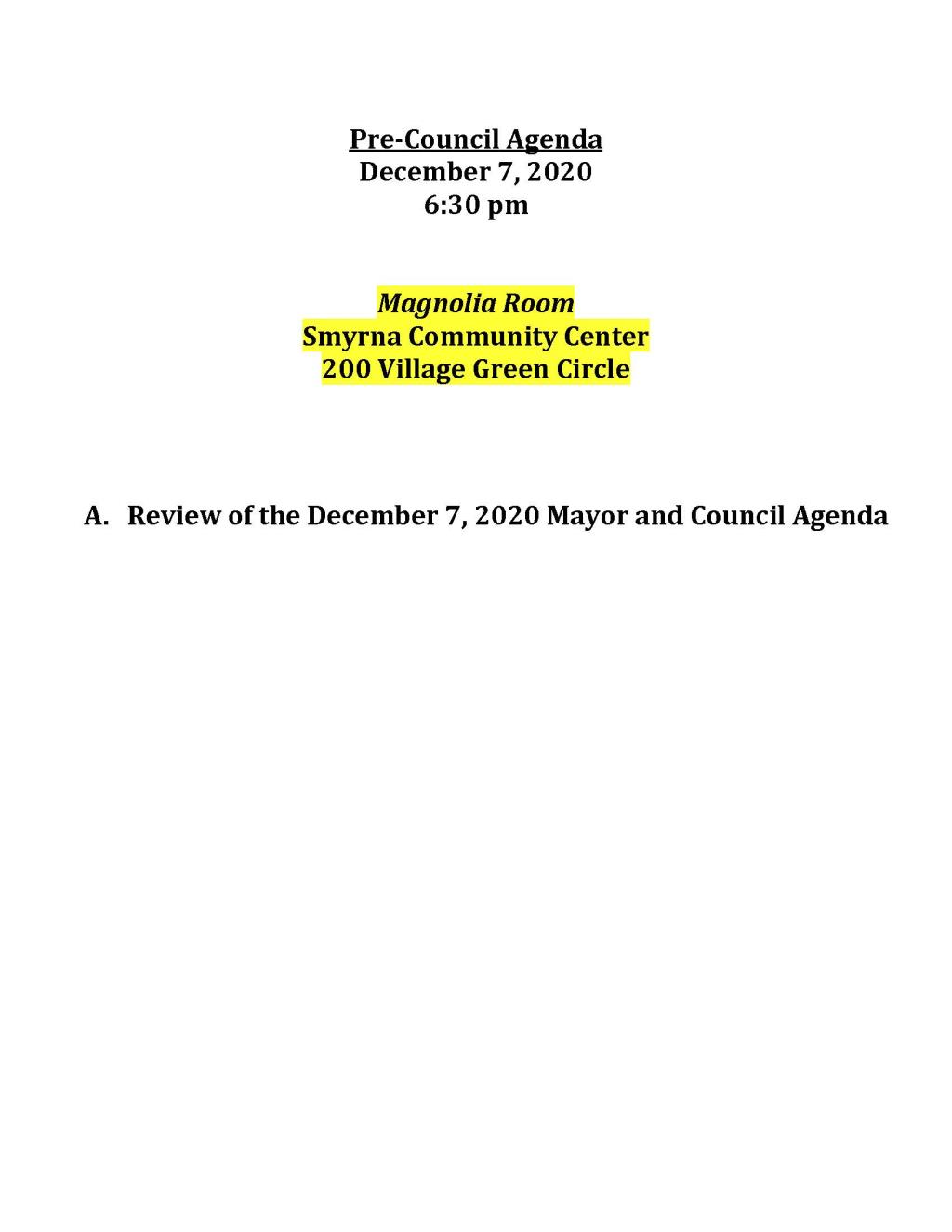 12-07-2020 December 7, 2020 Pre-Council Meeting Agenda