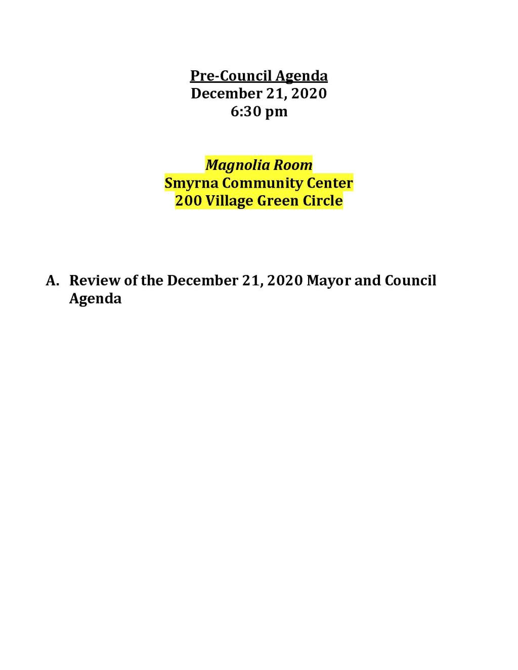 12-21-2020 December 21, 2020 Pre-Council Meeting Agenda