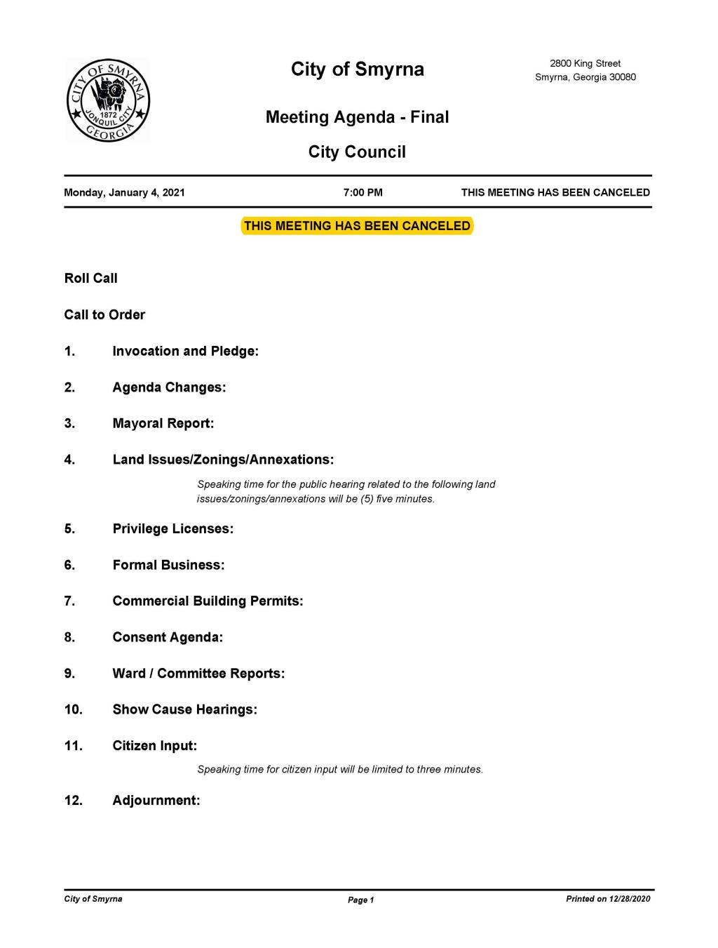 01-04-2021 January 4, 2021 Mayor and Council Meeting Agenda - FINAL  - CANCELED