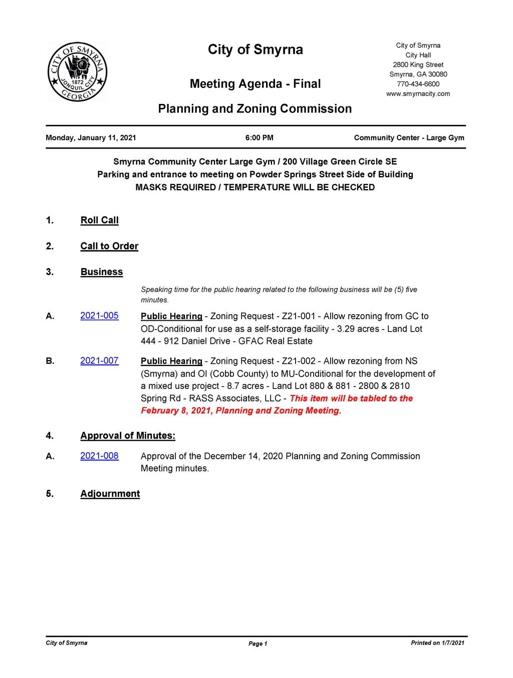 1-11-2021 January 11, 2021 P&Z Meeting Agenda-FINAL-No Attachments