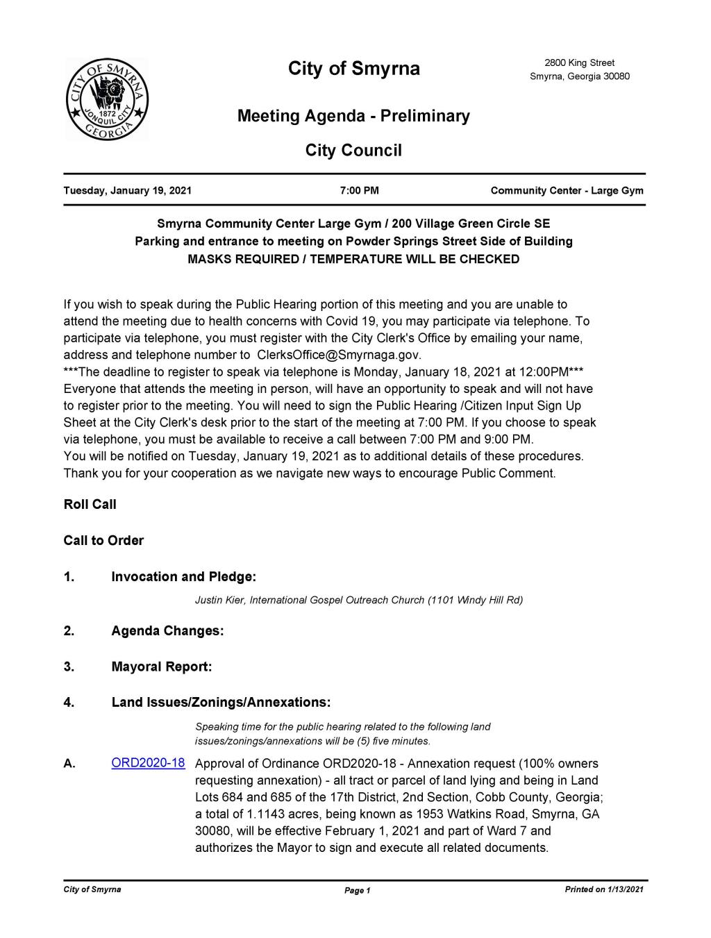 01-19-2021 January 19, 2021 Mayor and Council Meeting Agenda - PRELIMINARY-No Attachments_Page_1