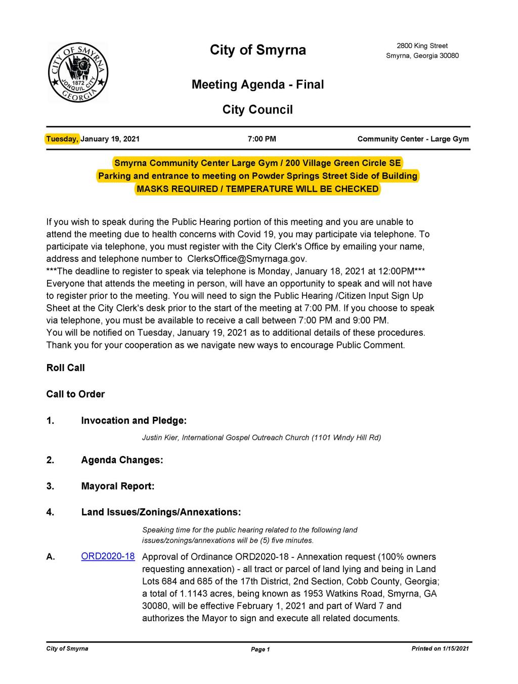 01-19-2021 January 19, 2021 Mayor and Council Meeting Agenda - FINAL -No Attachments_Page_1