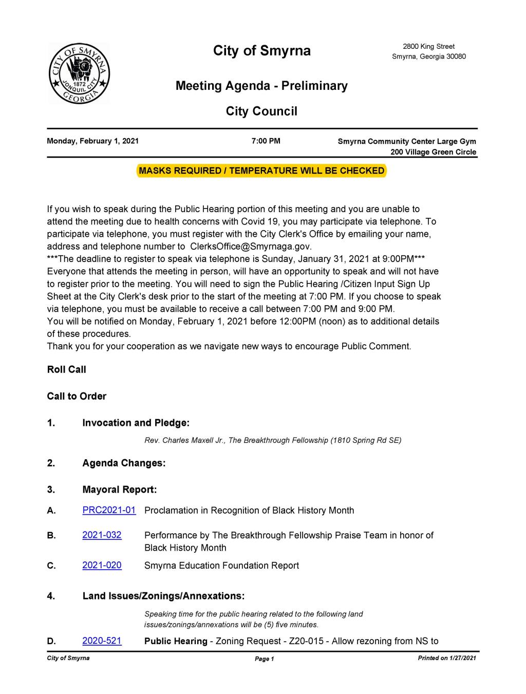 02-01-2021 February 1, 2021 Mayor and Council Meeting Agenda - PRELIMINARY no Attachments_Page_1