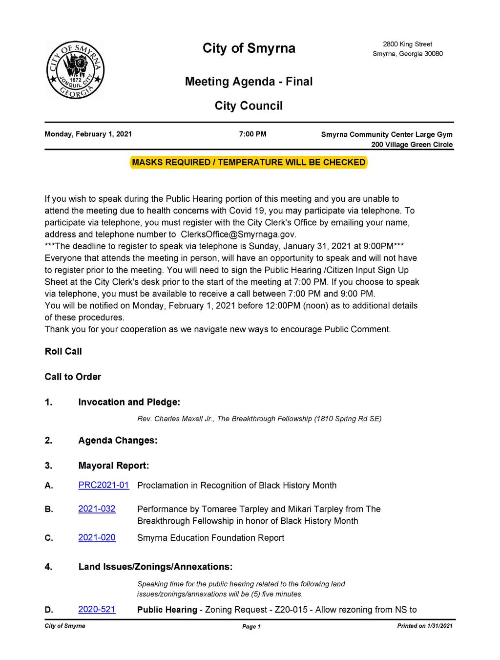 02-01-2021 February 1, 2021 Mayor and Council Meeting Agenda - FINAL no Attachments_Page_1