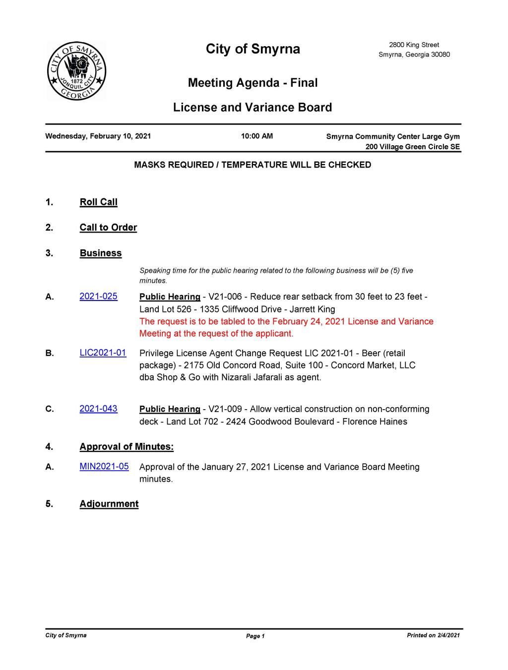 2-10-2021 February 10, 2021 LVB Meeting Agenda - FINAL - NO attachments