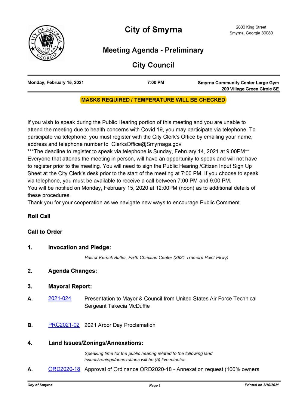 02-15-2021 February 15, 2021 Mayor and Council Meeting Agenda - PRELIMINARY no attachments_Page_1