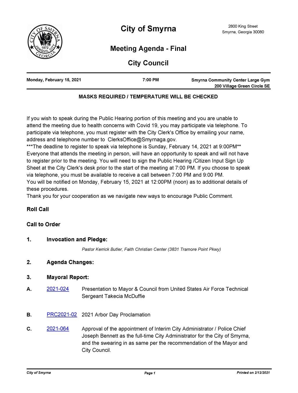 02-15-2021 February 15, 2021 Mayor and Council Meeting Agenda - FINAL no Attachments_Page_1