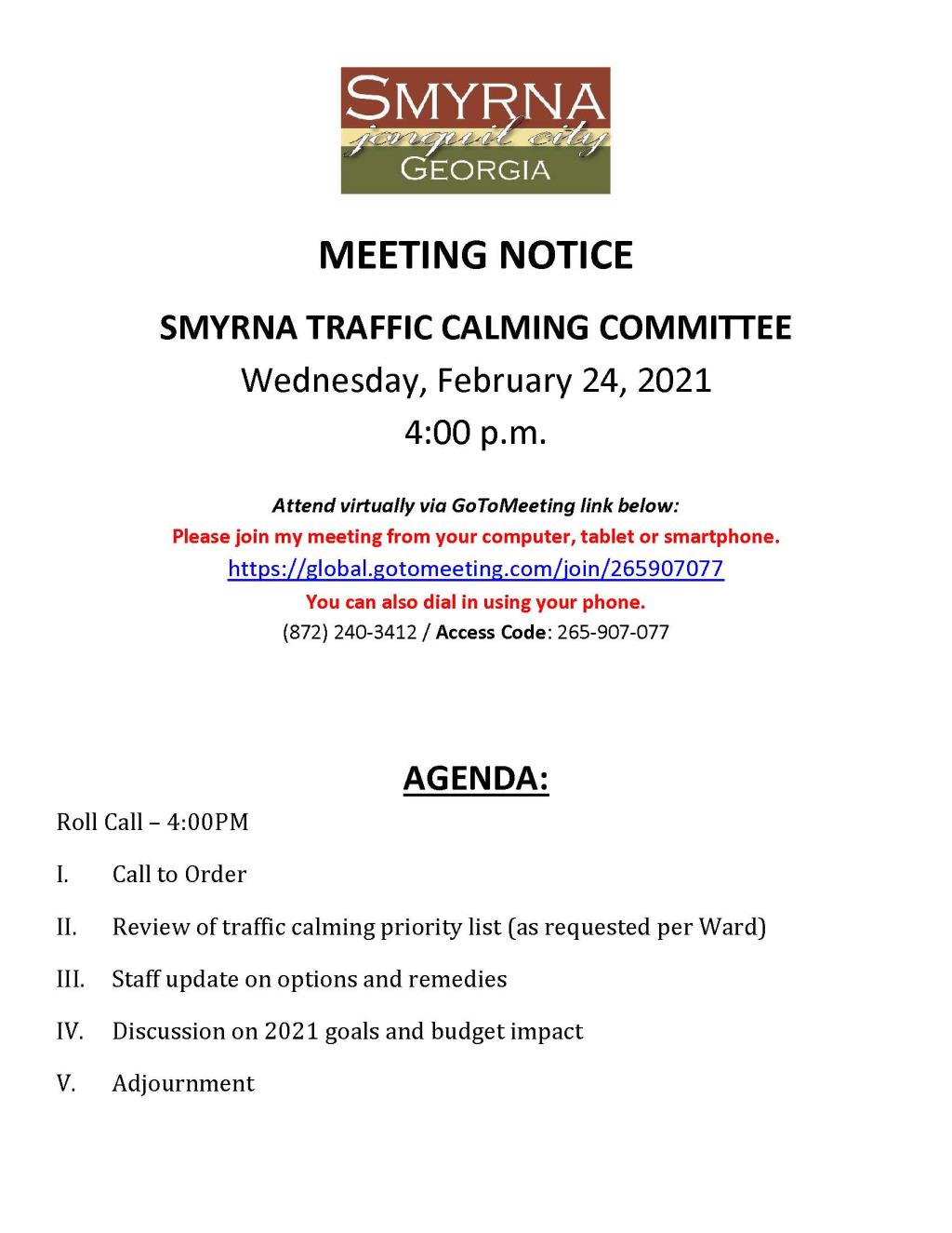 02-24-2021 February 24, 2021 Traffic Calming Committee Meeting Agenda