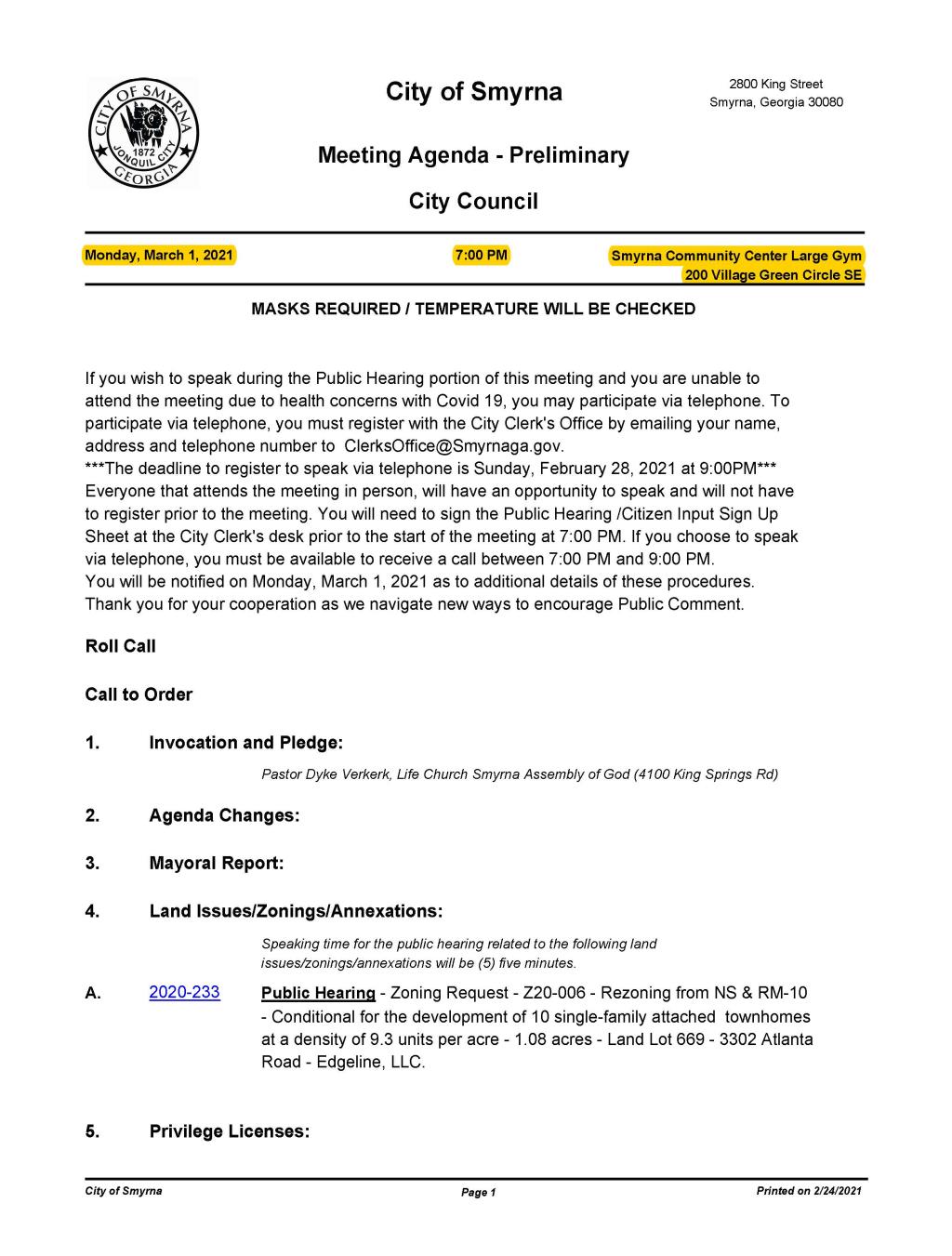 03-01-2021 March 1, 2021 Mayor and Council Meeting Agenda -PRELIMINARY - no Attachments_Page_1