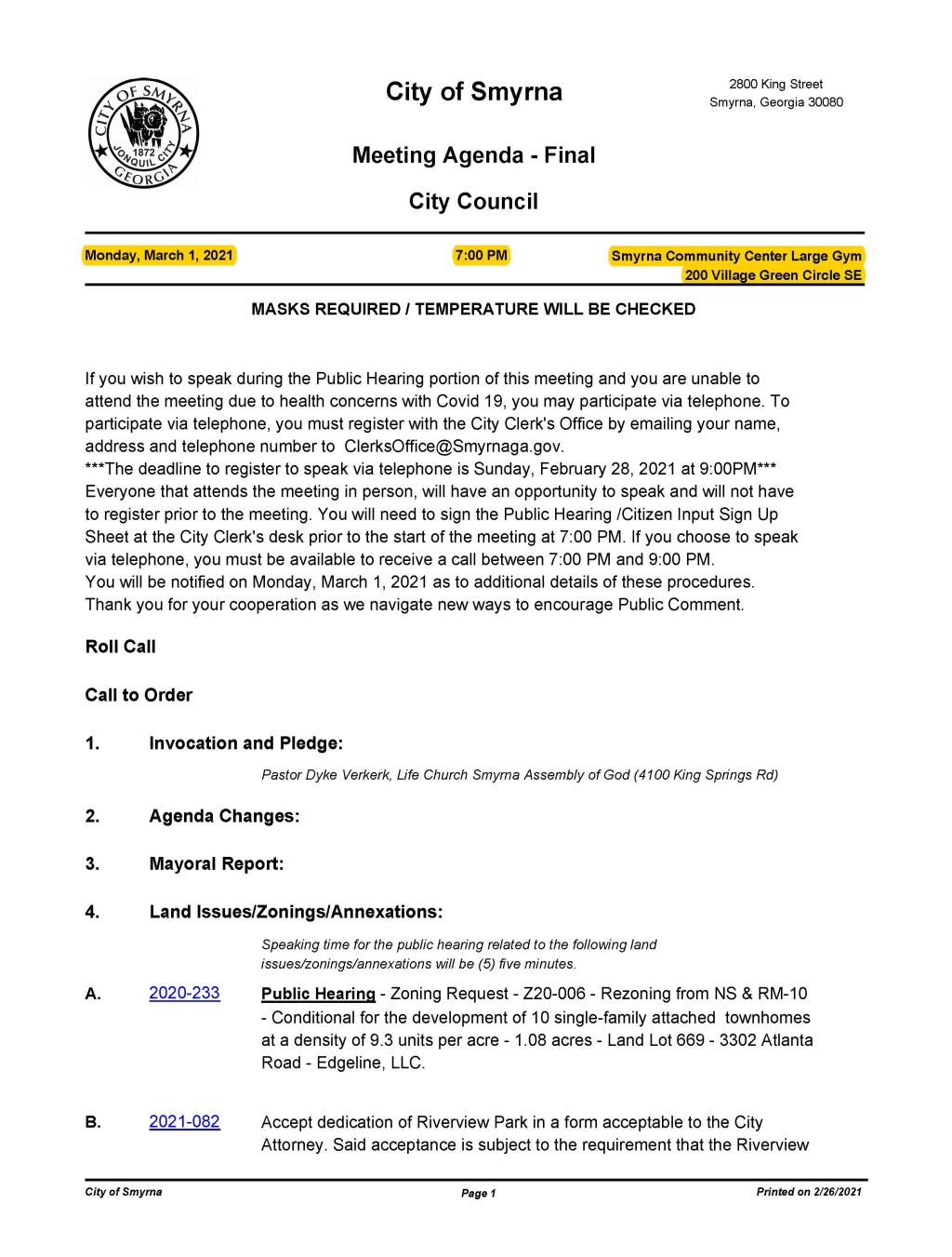 03-01-2021 March 1, 2021 Mayor and Council Meeting Agenda -FINAL - no Attachments_Page_1