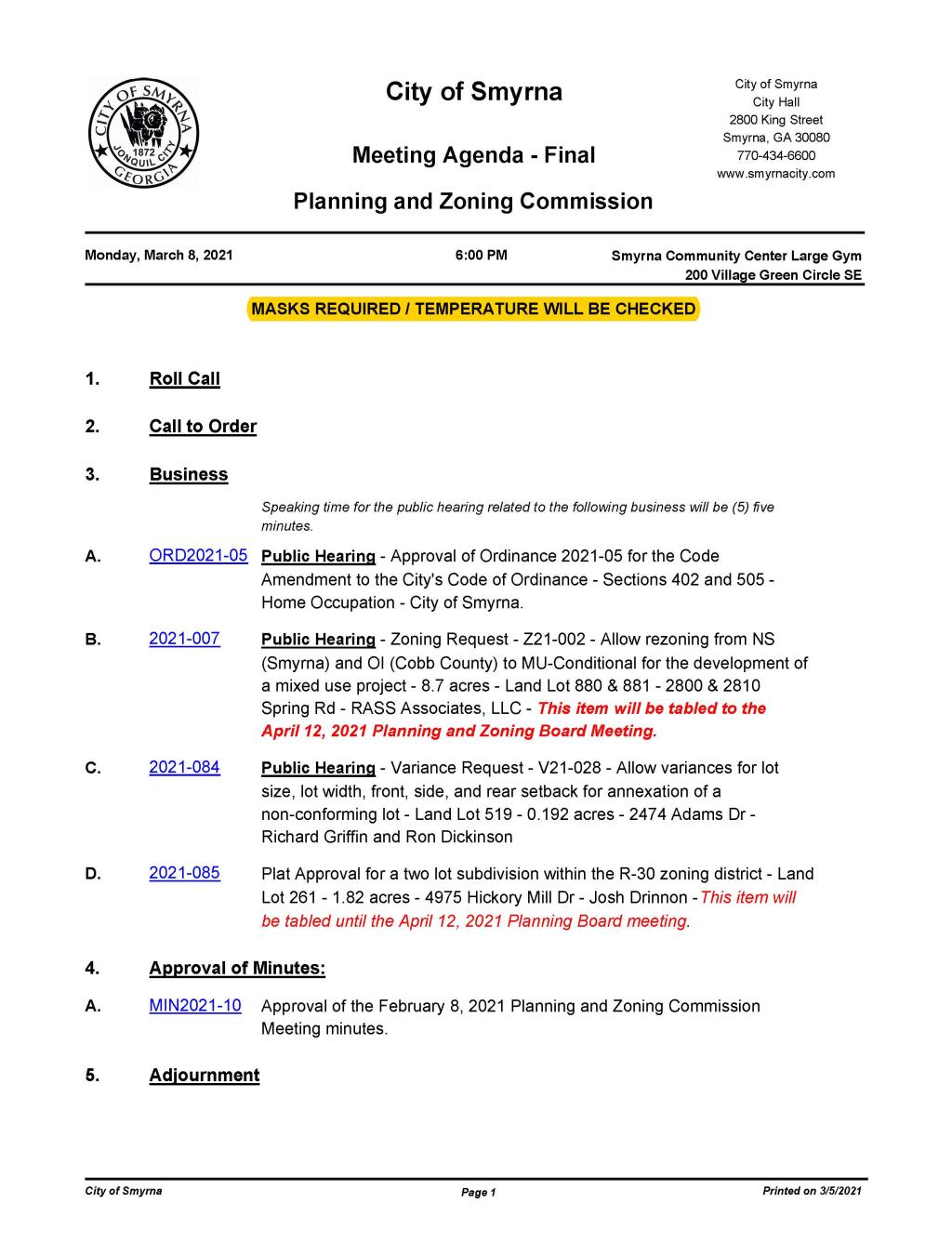 03-08-2021 March 08, 2021 P&Z Meeting Agenda no Attachments FINAL