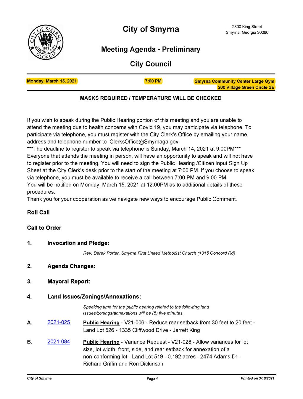 03-15-2021 March 15, 2021 Mayor and Council Meeting Agenda -PRELIMINARY - no Attachments_Page_1