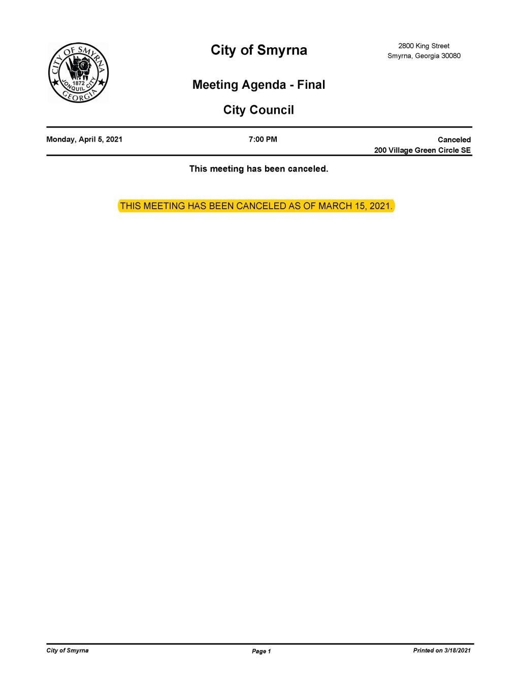 04-05-2021 April 5, 2021 Mayor and Council Meeting Agenda - CANCELED