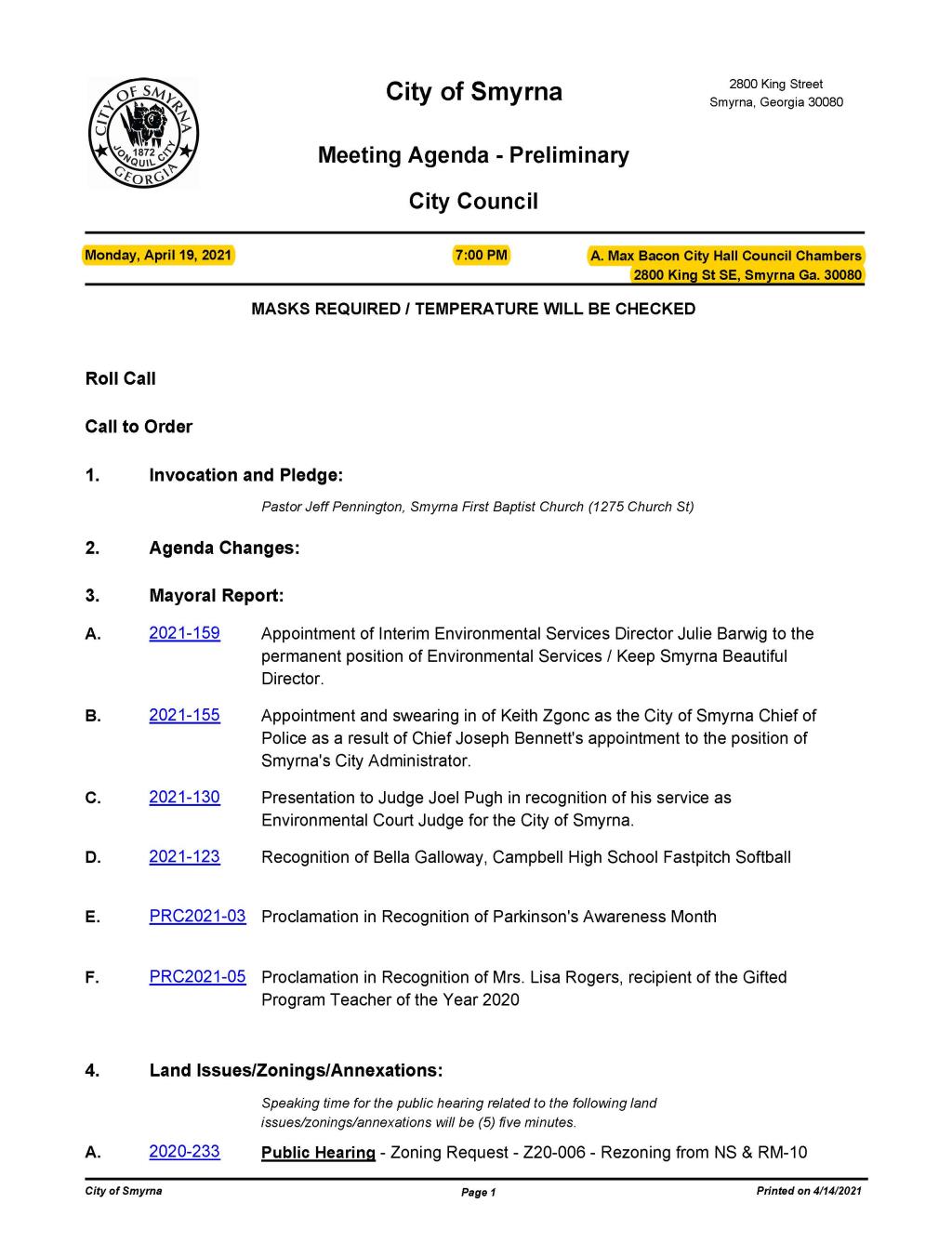 04-19-2021 April 19, 2021 Mayor and Council Meeting Agenda - PRELIMINARY no attachments_Page_1