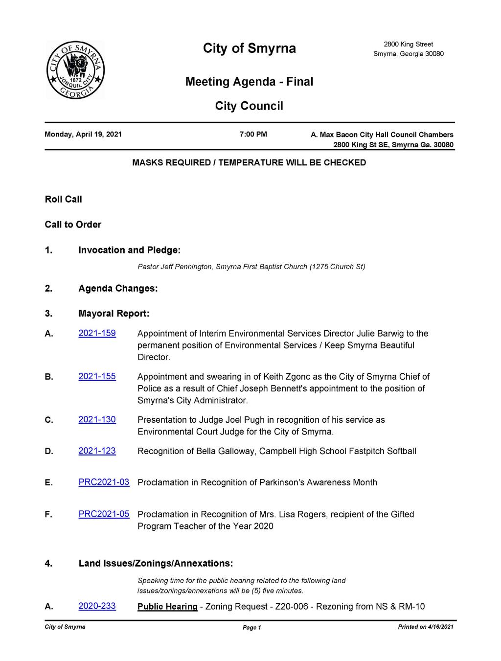 04-19-2021 April 19, 2021 Mayor and Council Meeting Agenda - FINAL - no attachments_Page_1