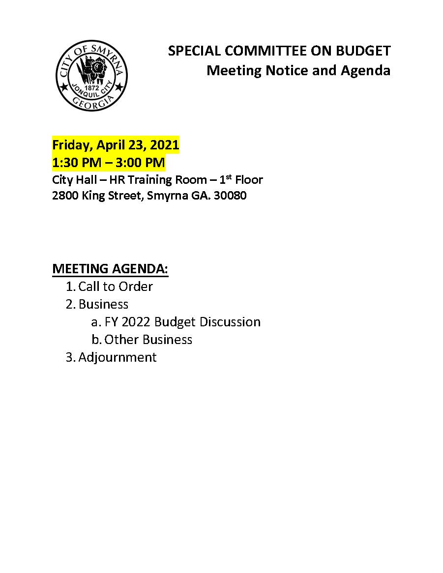 04-23-2021 April 23, 2021 Special Committee on Budget Meeting Notice and Agenda