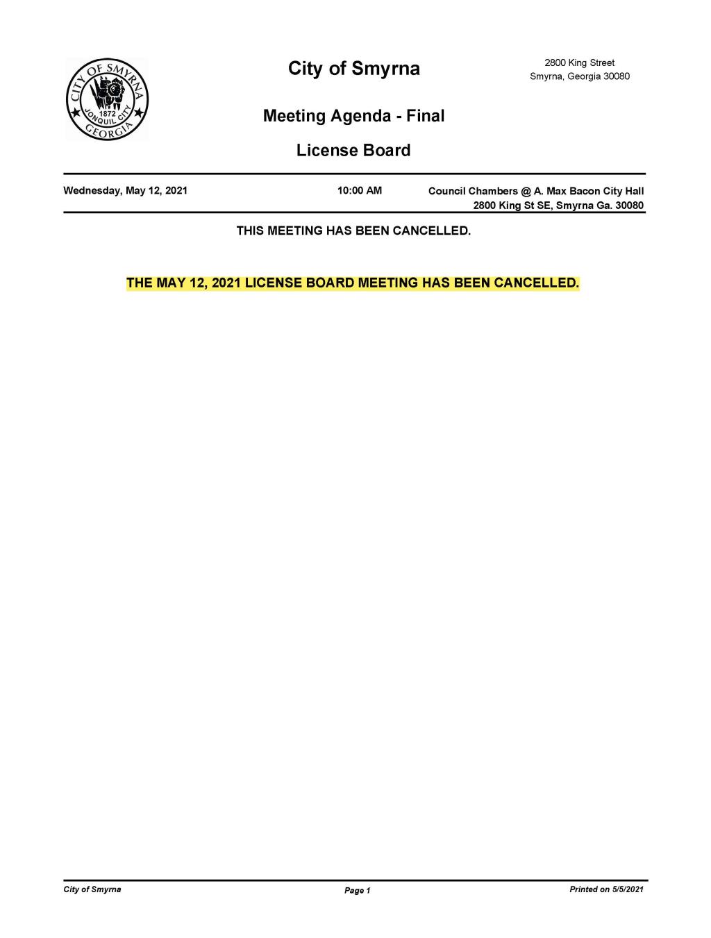 5-12-2021 May 12, 2021 License Board Meeting Agenda-FINAL - CANCELED