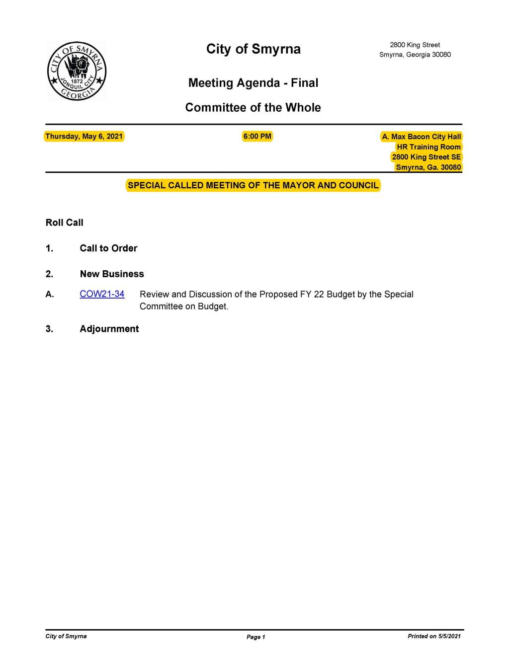 05-06-2021 May 6, 2021 COW Meeting Agenda - SPECIAL CALLED - FINAL