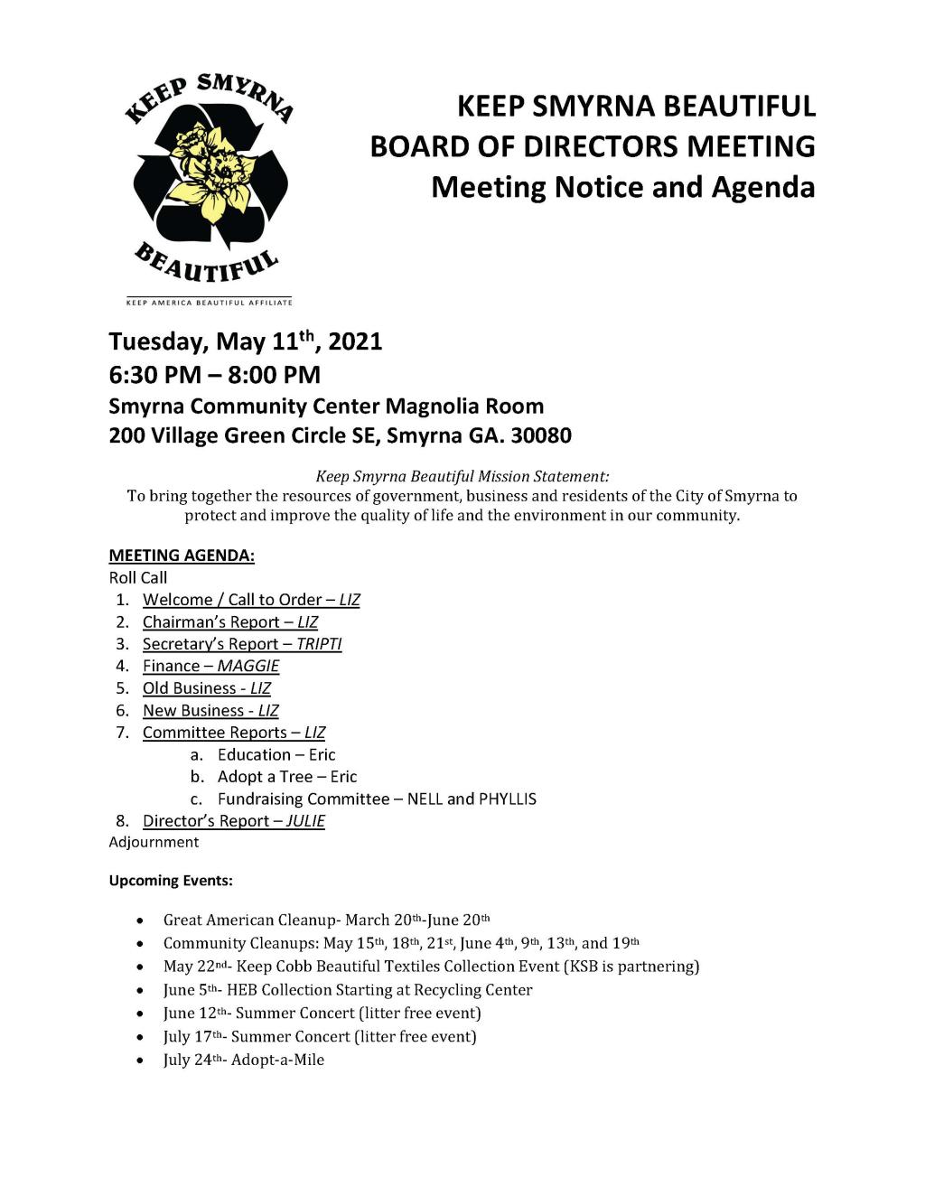 05-11-2021 May 11, 2021 KSB Director's Meeting Agenda and Notice