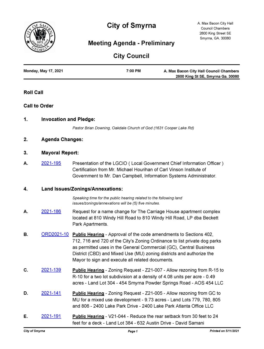 05-17-2021 May 17, 2021 Mayor and Council Agenda - PRELIMINARY - no attachments_Page_1