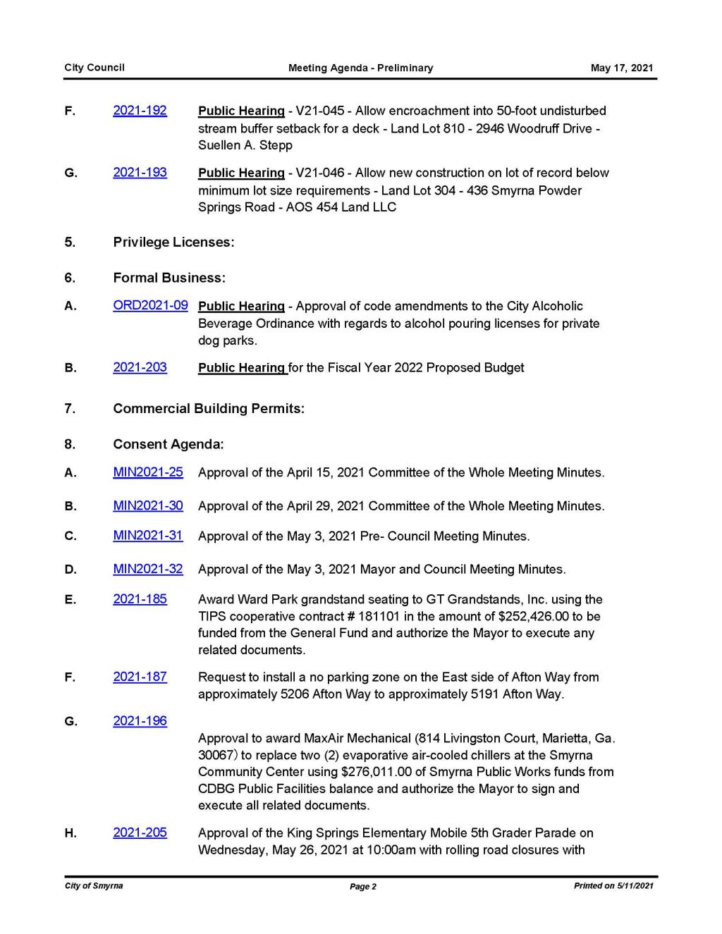 05-17-2021 May 17, 2021 Mayor and Council Agenda - PRELIMINARY - no attachments_Page_2