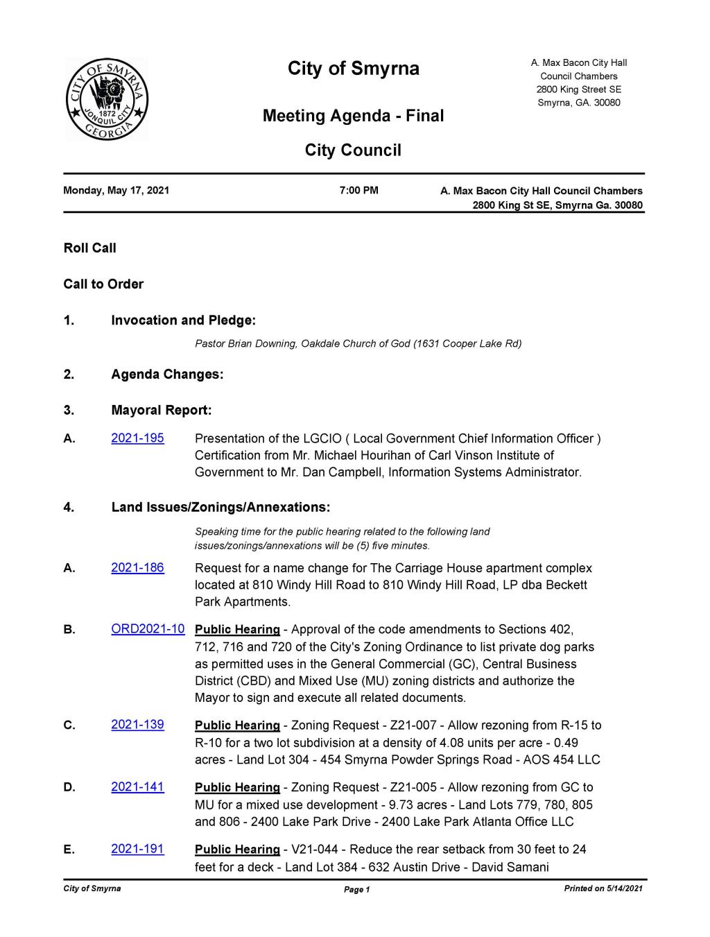 05-17-2021 May 17, 2021 Mayor and Council Agenda - FINAL - no attachments_Page_1