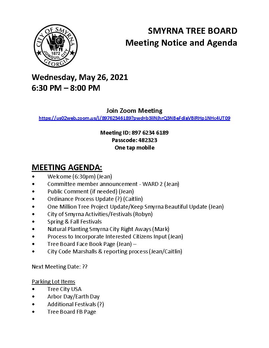 05-26-2021 May 26, 2021 Tree Board Agenda