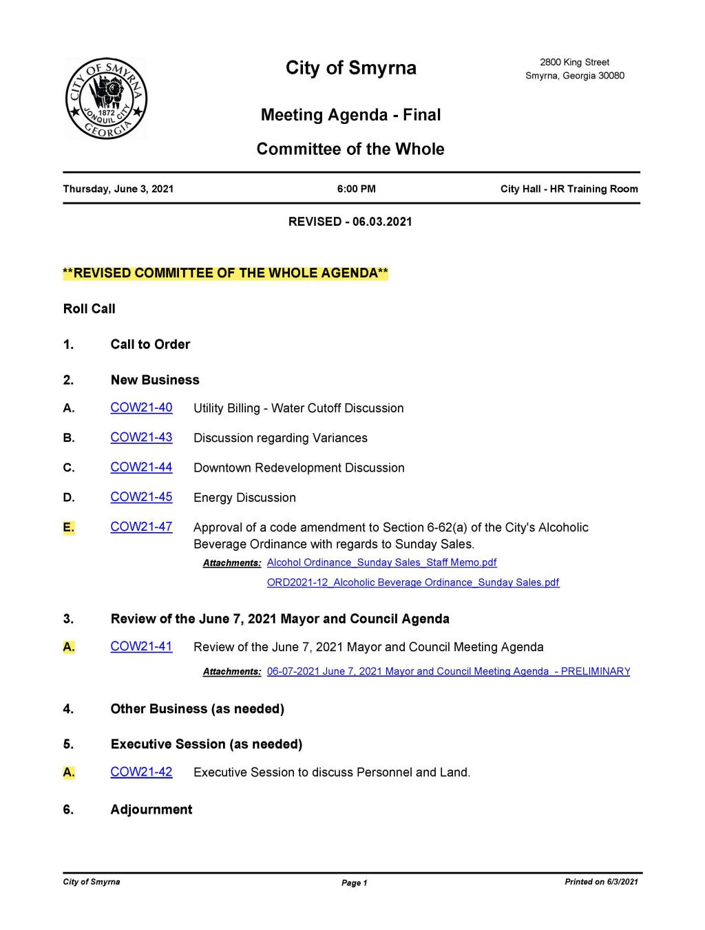 06-03-2021 June 3, 2021 COW Agenda - FINAL - attachments - REVISED