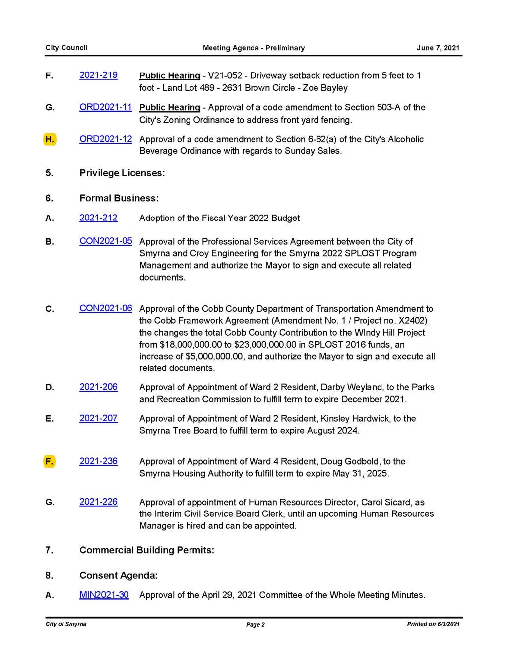 06-07-2021 June 7, 2021 Mayor and Council Meeting Agenda  - PRELIMINARY - REVISED2_Page_2