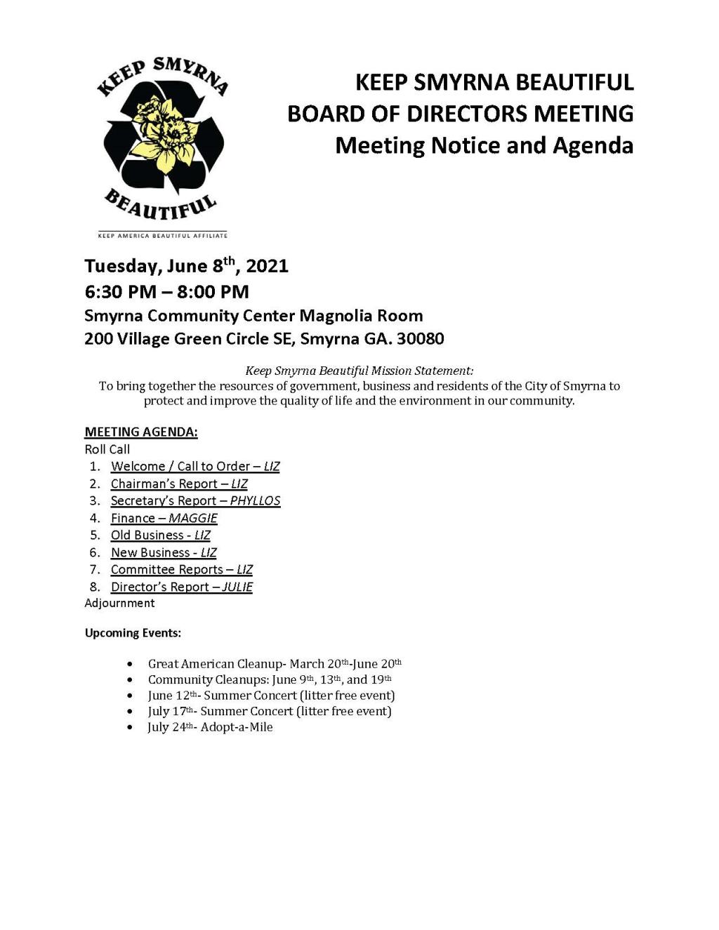 06.08.2021 June 8,  2021 KSB Director's Meeting Agenda and Notice