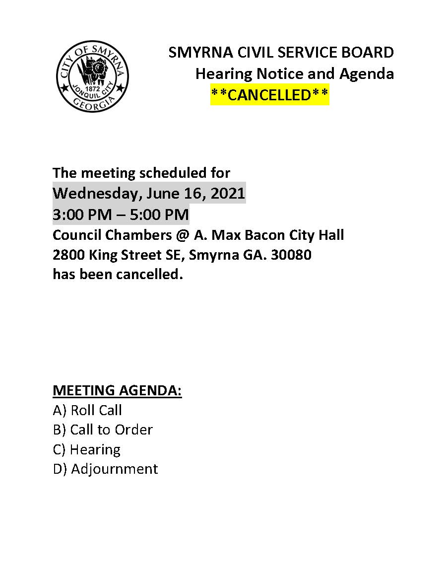 06-16-2021 June 16, 2021 Civil Service Board Meeting Notice and Agenda-Cancellation